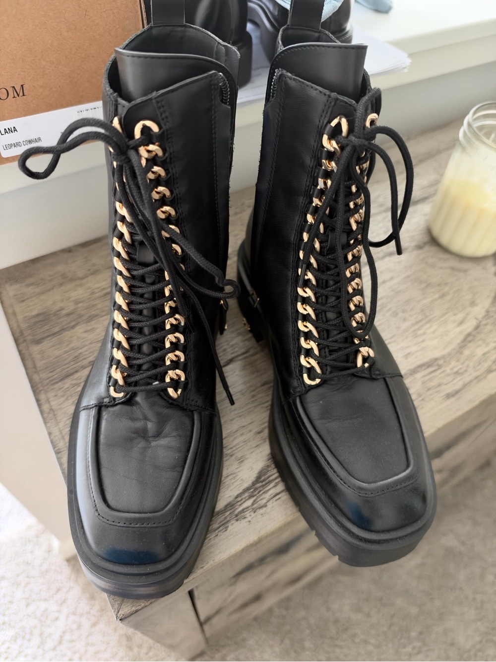 Sam Edelman Black Leather Lace-Up Combat Boots with Gold Eyelet Chain